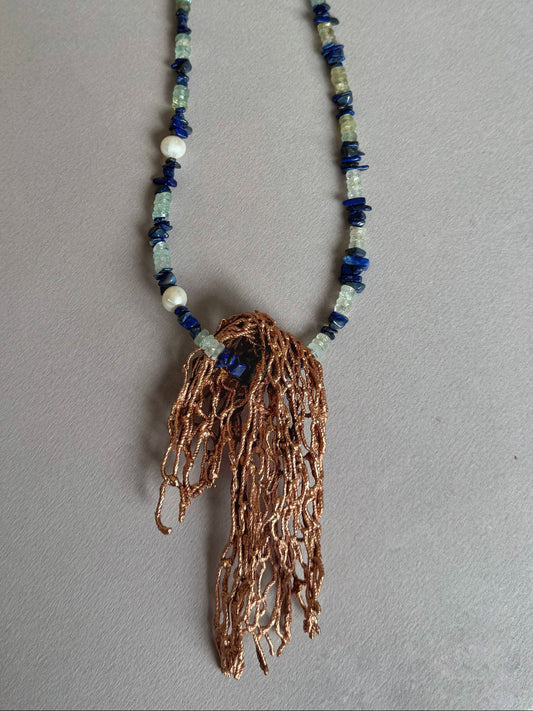 One of a kind Necklace lapislázuli, pearls, aquamarines